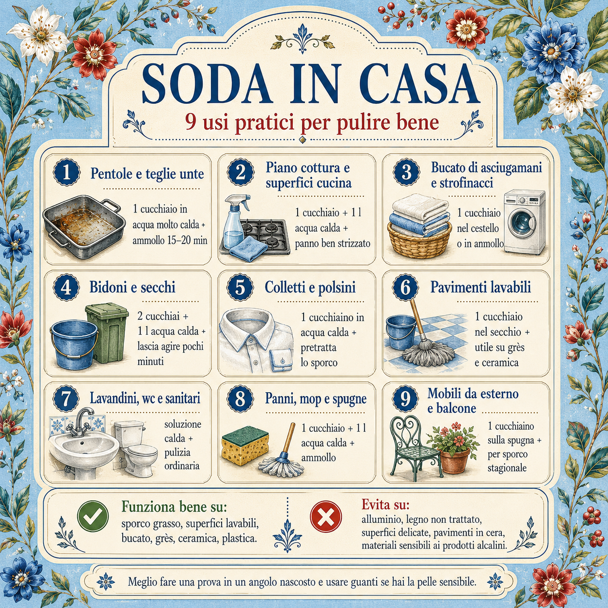 Infografica decorativa in stile floreale che riassume 9 usi pratici della soda in casa per pulire bene, con icone, dosi indicative, superfici adatte e attenzioni d’uso