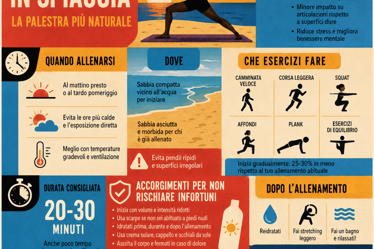 Infografica quadrata con benefici dello sport in spiaggia, orari migliori, esercizi consigliati, durata dell’allenamento e accorgimenti per evitare infortuni sulla sabbia