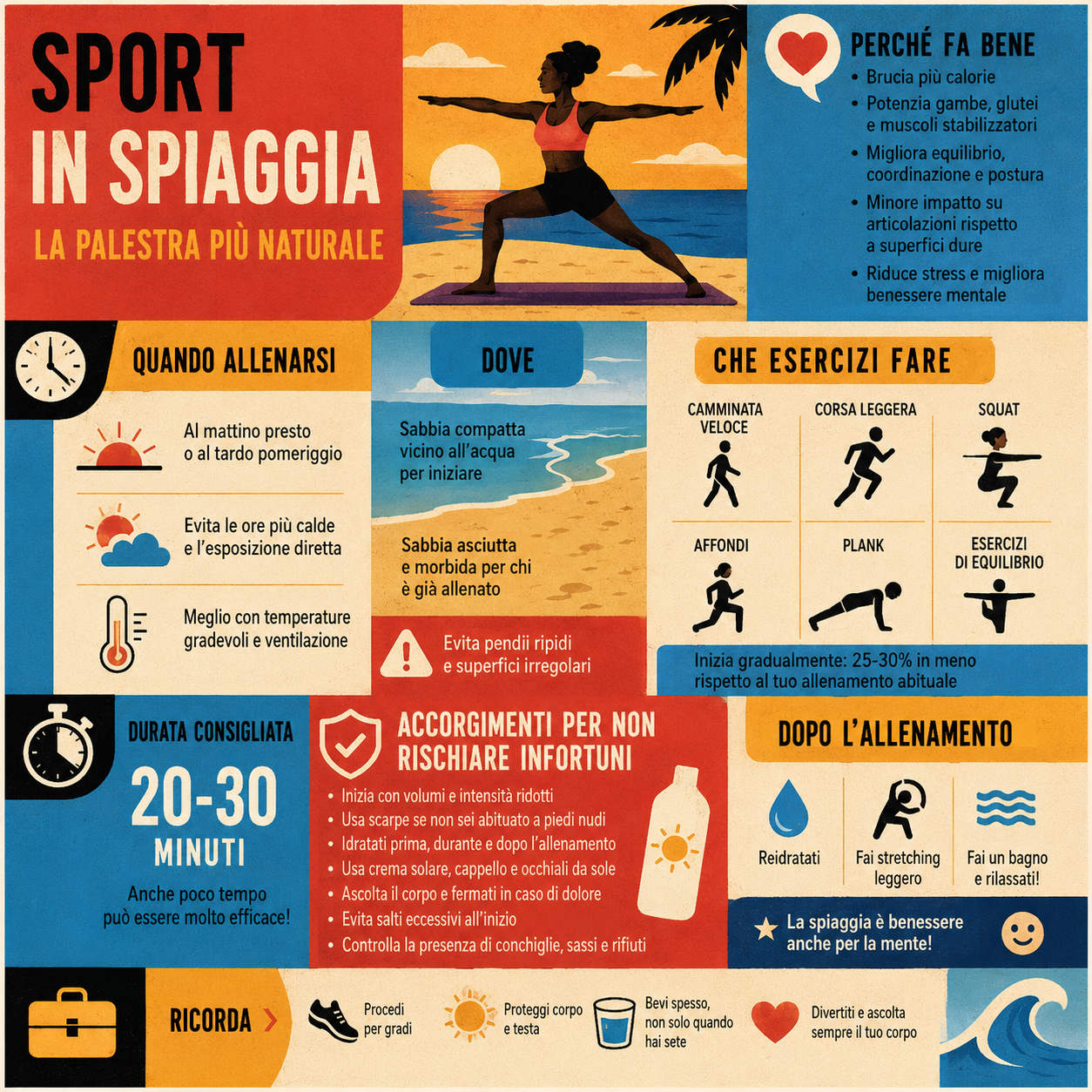 Infografica quadrata con benefici dello sport in spiaggia, orari migliori, esercizi consigliati, durata dell’allenamento e accorgimenti per evitare infortuni sulla sabbia