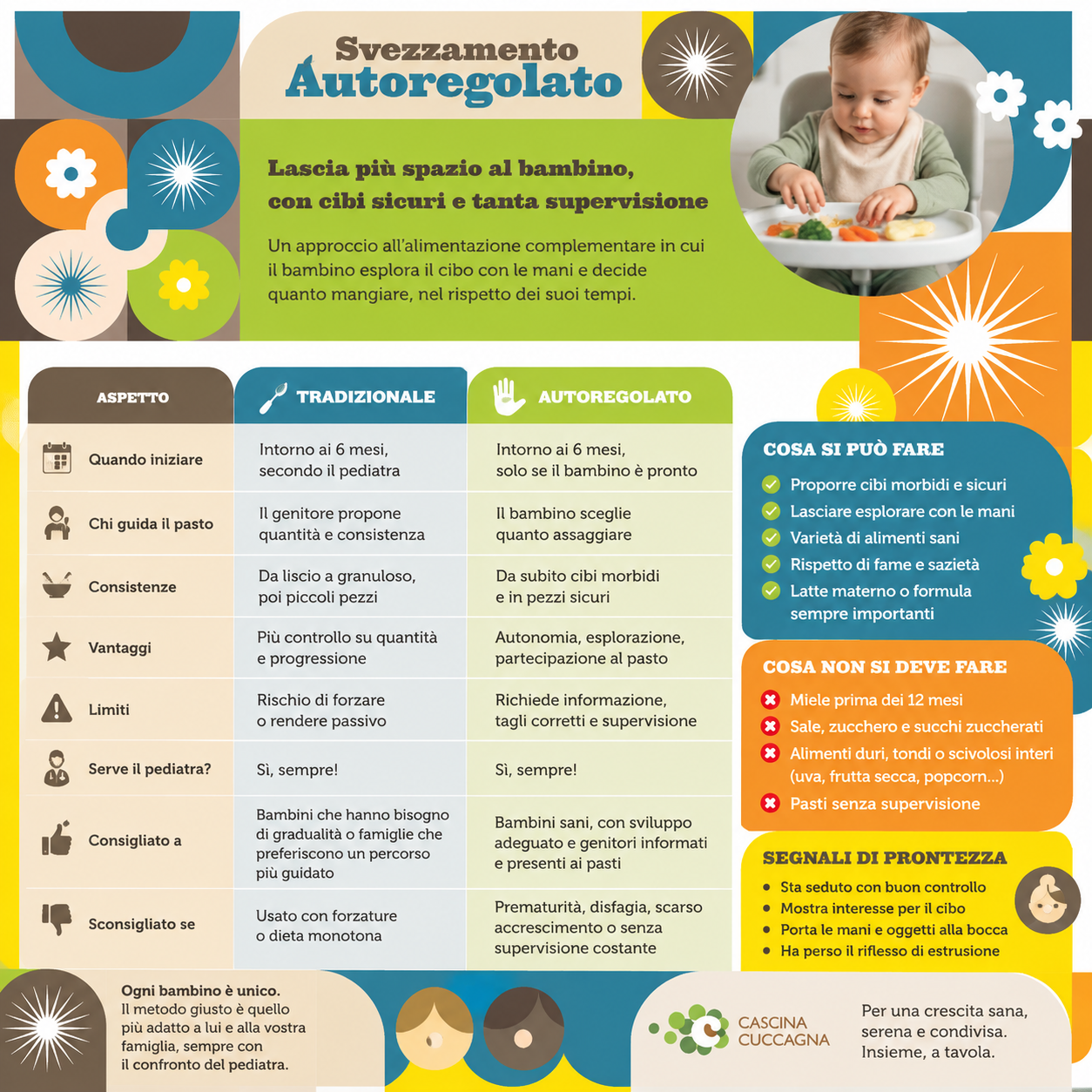 nfografica sullo svezzamento autoregolato con tabella comparativa rispetto al metodo tradizionale, segnali di prontezza del bambino, cose che si possono fare e cose da evitare durante i pasti