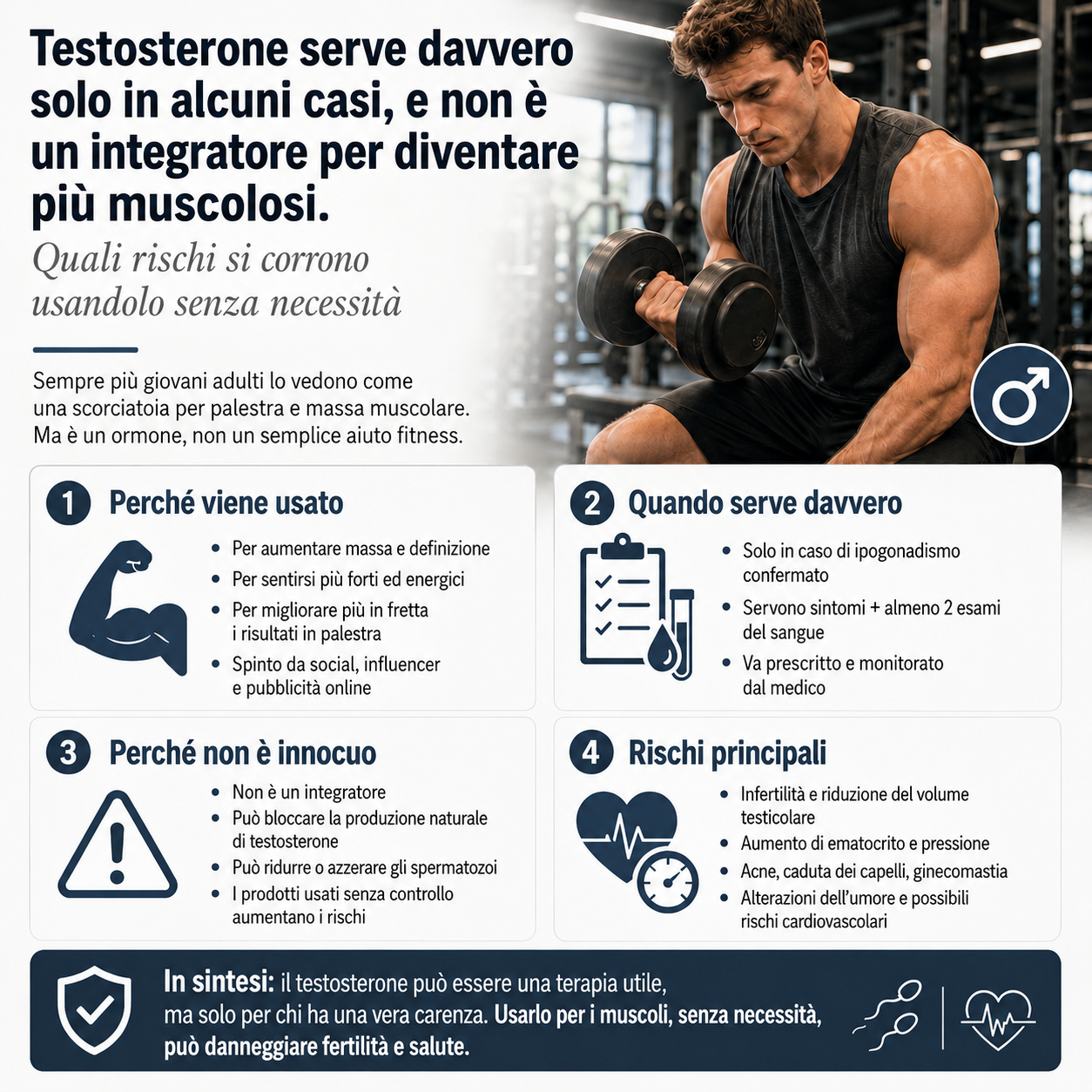 Infografica sul testosterone che spiega quando serve davvero, perché non è un integratore per aumentare i muscoli e quali rischi comporta l’uso senza necessità
