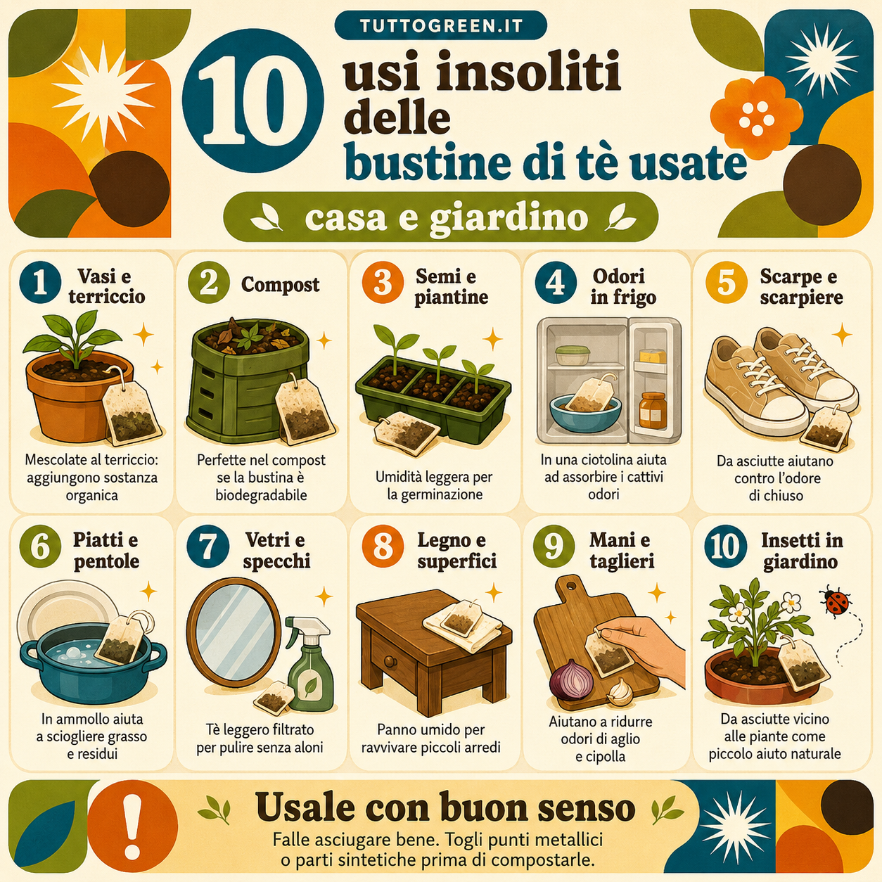 Infografica quadrata che riassume 10 usi insoliti delle bustine di tè usate per la casa e il giardino, tra piante, compost, odori, pulizie e piccoli riusi domestici