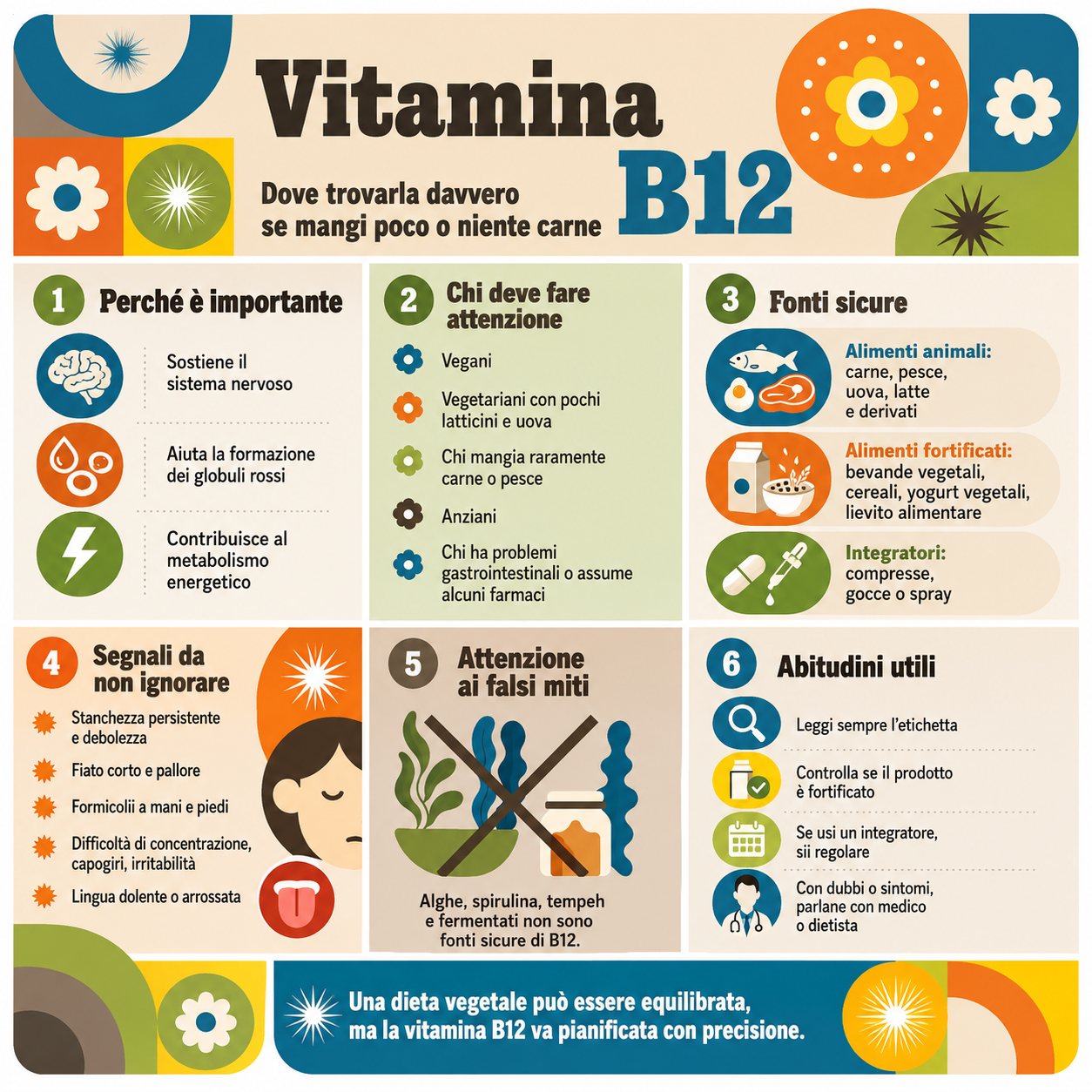 Infografica sulla vitamina B12 con fonti sicure, alimenti fortificati, integratori, segnali di carenza e consigli per chi mangia poca o niente carne