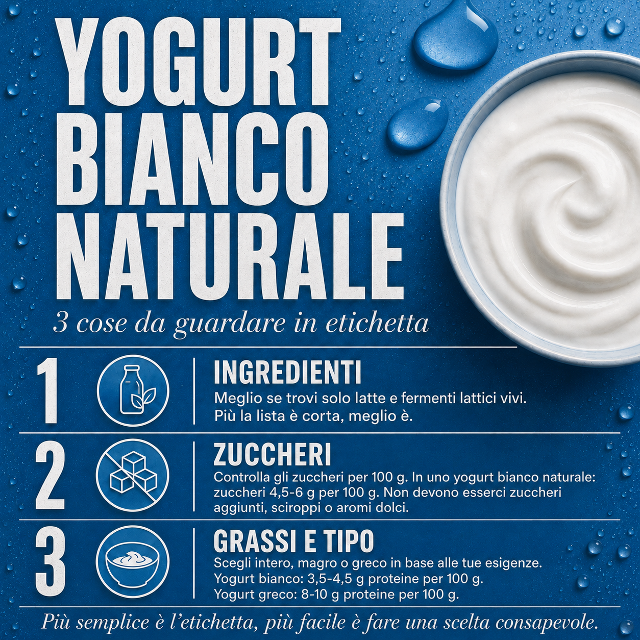 Infografica quadrata sullo yogurt bianco naturale che spiega le 3 cose da controllare in etichetta: ingredienti, zuccheri, grassi e tipo di yogurt