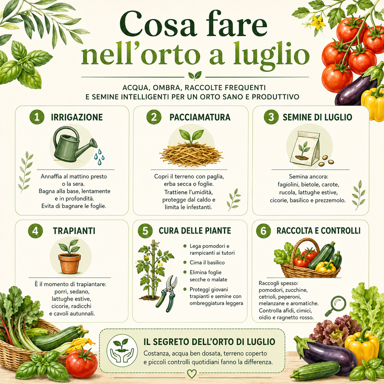Infografica quadrata sui lavori da fare nell’orto a luglio, con irrigazione, pacciamatura, semine, trapianti, cura delle piante, raccolta e controlli