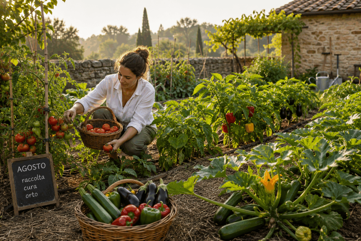 Persona che raccoglie pomodori, peperoni, melanzane e zucchine in un piccolo orto di agosto, con terreno pacciamato e luce calda del mattino presto