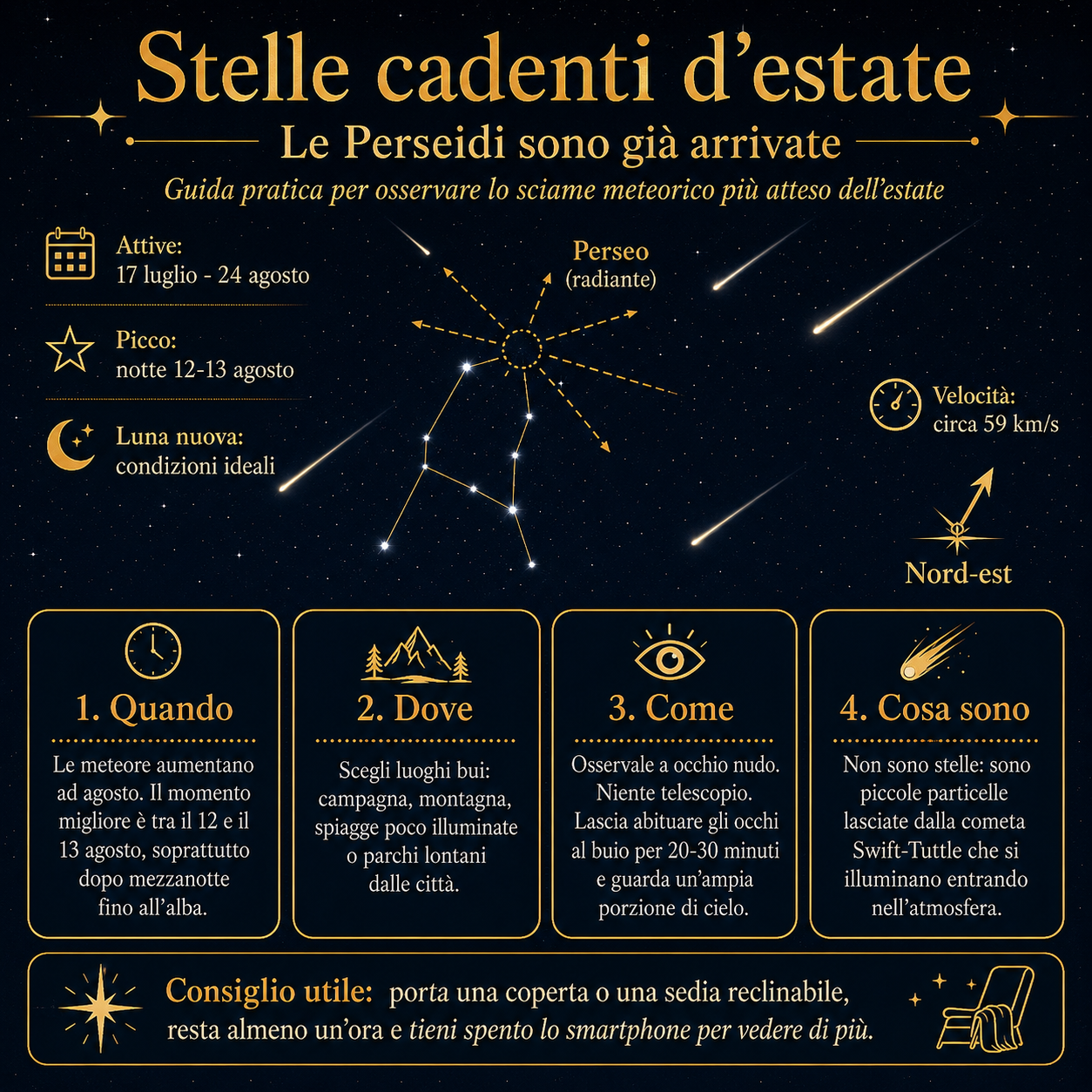 Infografica sulle Perseidi con periodo di attività, notte del picco, orario migliore, direzione del cielo e consigli pratici per osservare le stelle cadenti d’estate