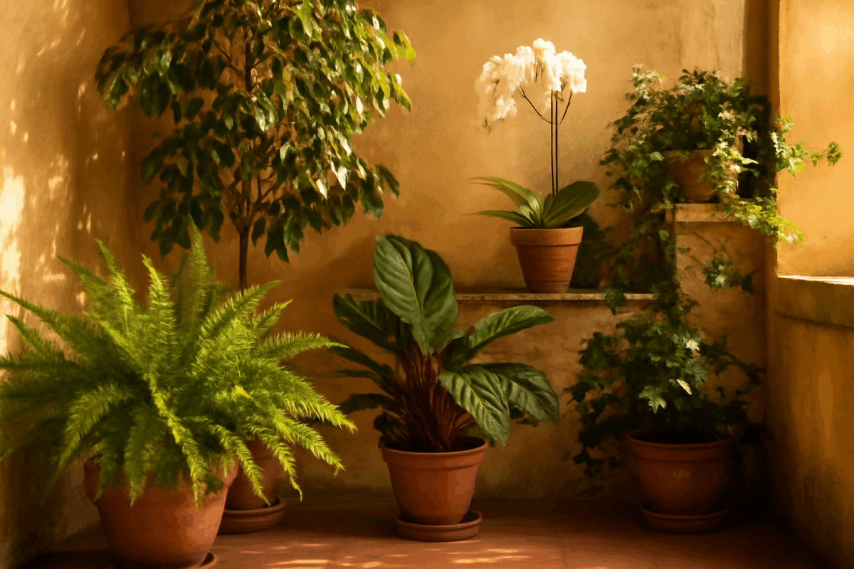 Immagine di piante difficili da coltivare in casa, tra cui felce, ficus, orchidea