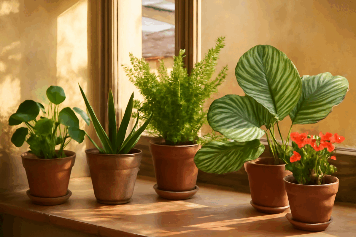 Balcone moderno con piante chic come la Pilea e l'Aloe