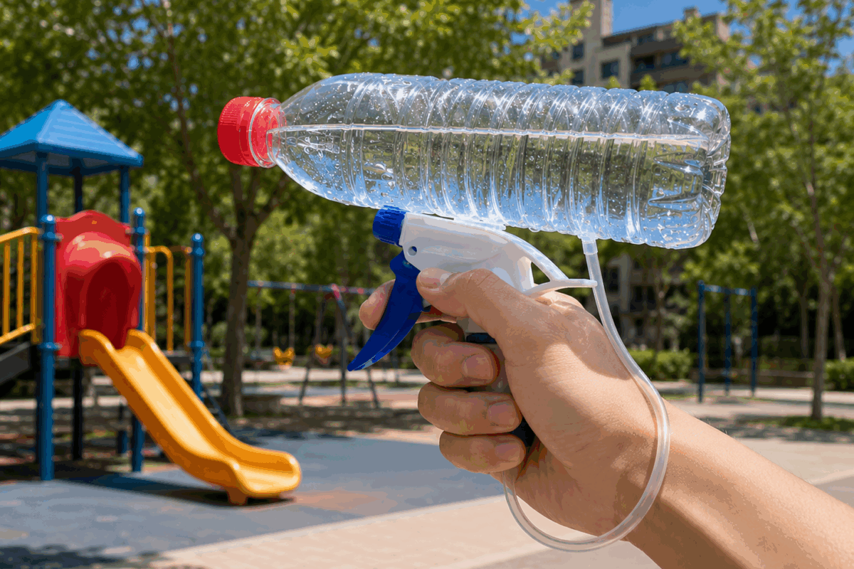 Mano che tiene una pistola ad acqua fai da te realizzata con una bottiglia di plastica riciclata e un nebulizzatore, con tubo trasparente avvolto al polso, sullo sfondo di un parco giochi urbano.