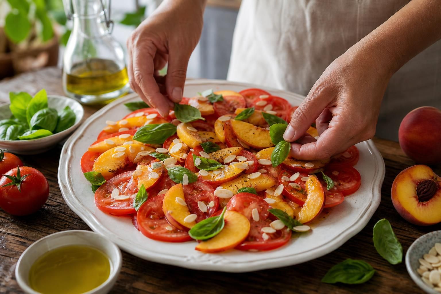 Pomodori e pesche nel piatto fresco dell’estate che si prepara in 10 minuti - dettaglio