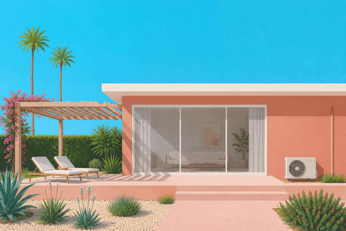Illustrazione di una casa moderna con unità esterna del condizionatore, pergola e sdraio in giardino, usata come immagine di copertina per un articolo sulla diffusione dei condizionatori in Itali