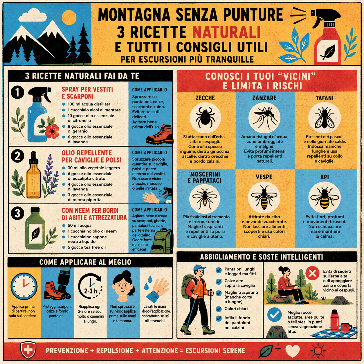 Infografica quadrata con 3 ricette naturali repellenti per escursioni in montagna e consigli per limitare punture di zecche, zanzare, tafani, moscerini, pappataci, vespe e api