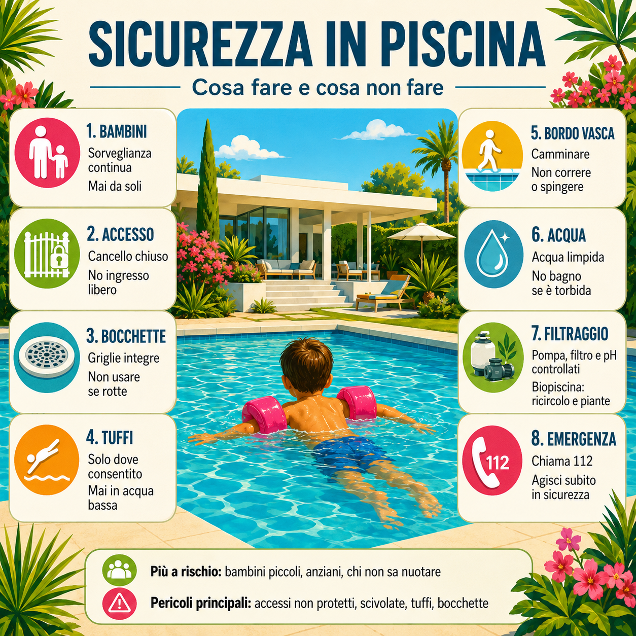 Infografica sulla sicurezza in piscina con bambino che nuota con braccioli in una piscina privata e riepilogo delle regole principali su sorveglianza, accesso, bocchette, tuffi, qualità dell’acqua, filtraggio ed emergenze.
