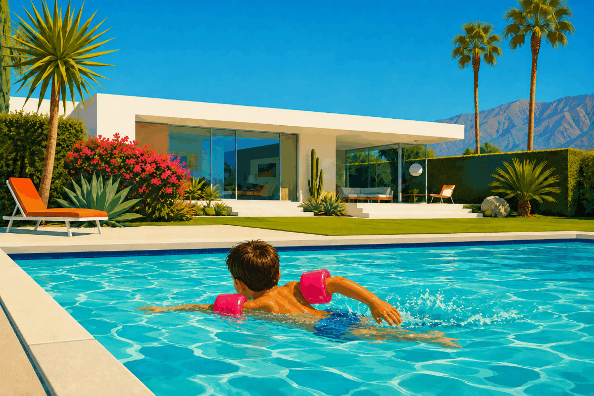 Bambino ripreso di spalle mentre nuota con braccioli fucsia in una piscina privata, con giardino e villa moderna sullo sfondo