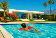 Bambino ripreso di spalle mentre nuota con braccioli fucsia in una piscina privata, con giardino e villa moderna sullo sfondo