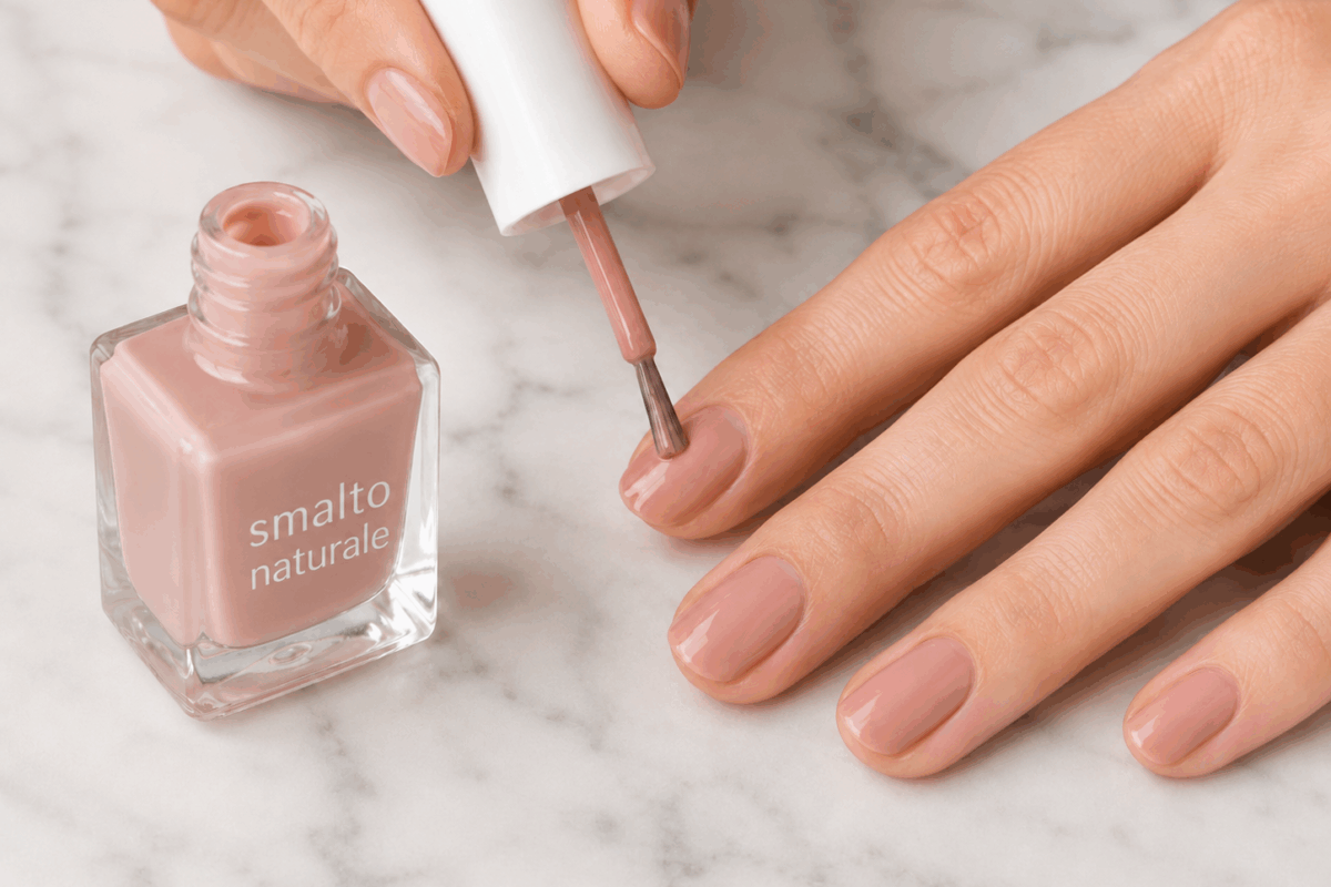 Applicazione di uno smalto naturale rosa beige su unghie curate, con flacone in vetro appoggiato su un piano di marmo bianco