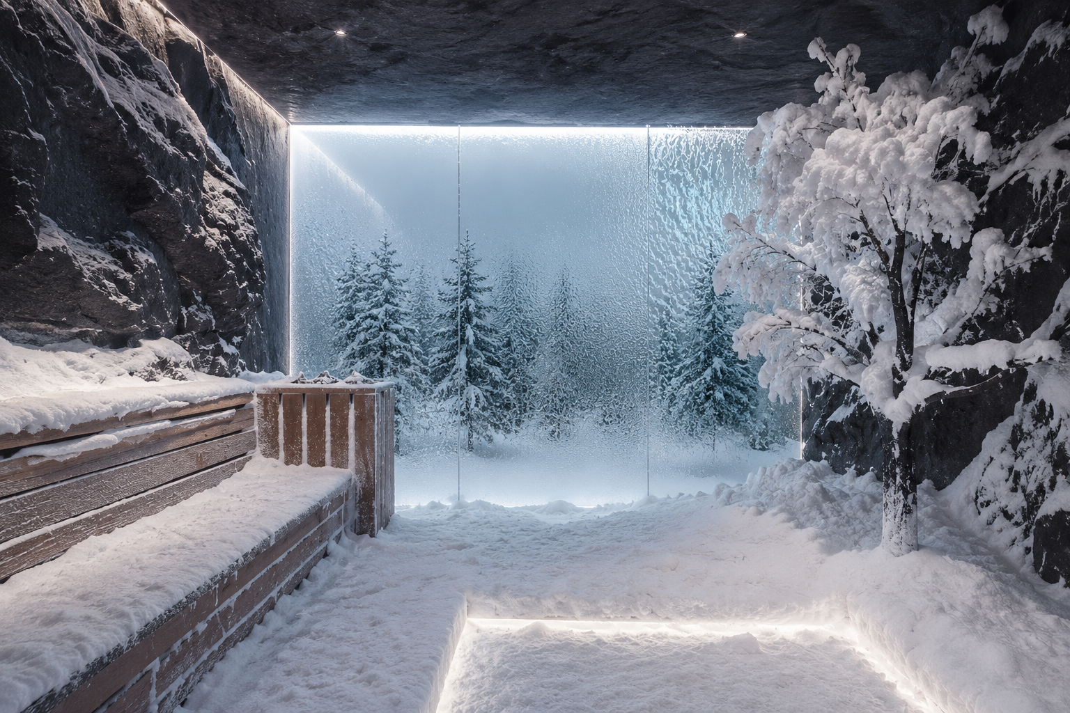 Snow-room elegante di una SPA in un hotel di lusso in città con neve artificiale, panca in legno e atmosfera raffinata