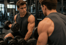 Giovane uomo solleva pesi in palestra davanti allo specchio con l’obiettivo di aumentare la massa muscolare