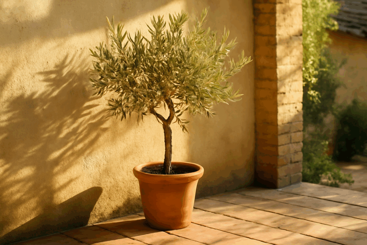 Ulivo in vaso su terrazzo soleggiato in città, atmosfera mediterranea
