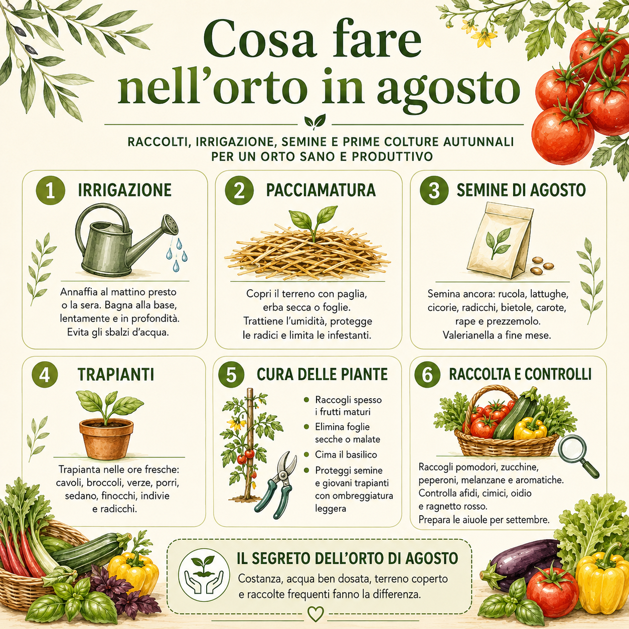 Infografica quadrata sui lavori da fare nell’orto in agosto, con irrigazione, pacciamatura, semine, trapianti, cura delle piante, raccolta e controlli per preparare l’orto autunnale