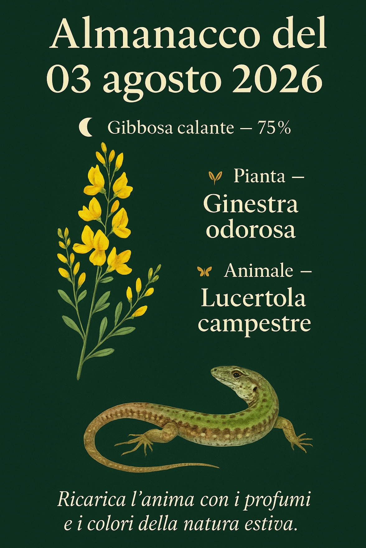 Infografica Almanacco del 03 agosto 2026 — Ginestra odorosa e Lucertola campestre