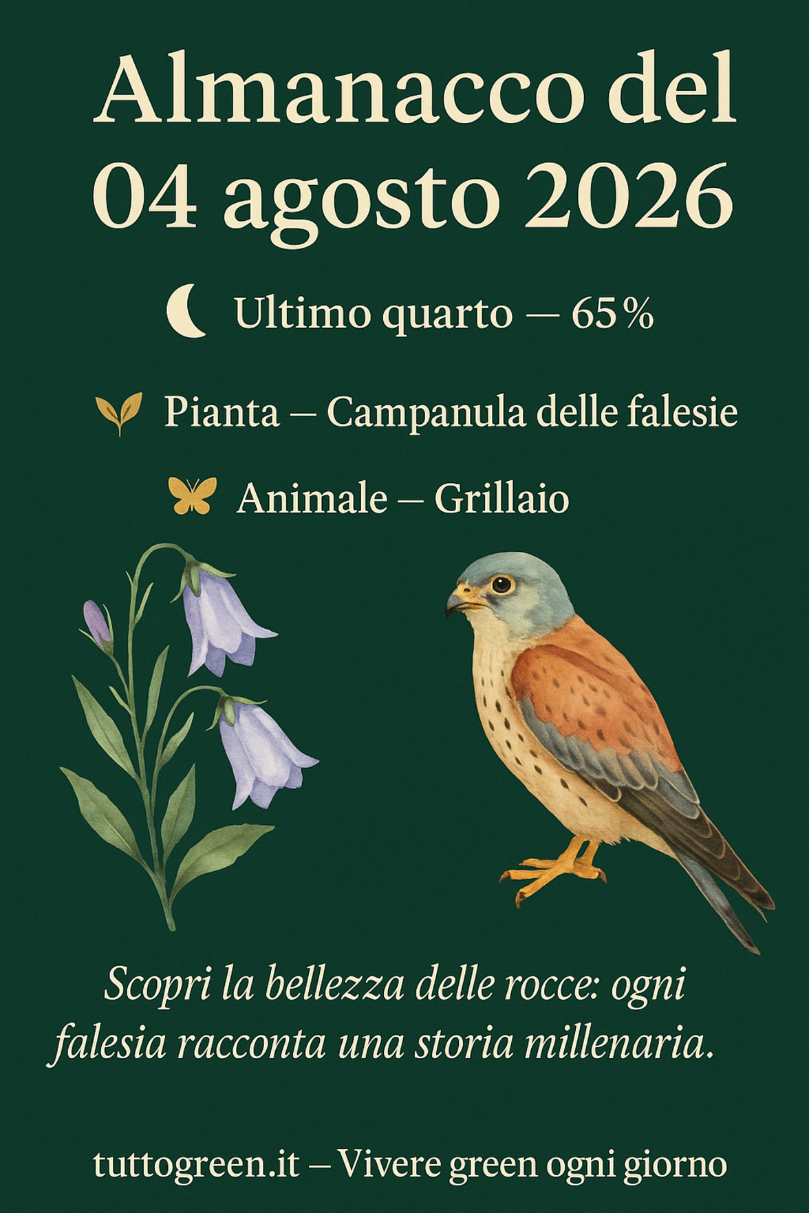 Infografica Almanacco del 04 agosto 2026 — Campanula delle falesie e Grillaio