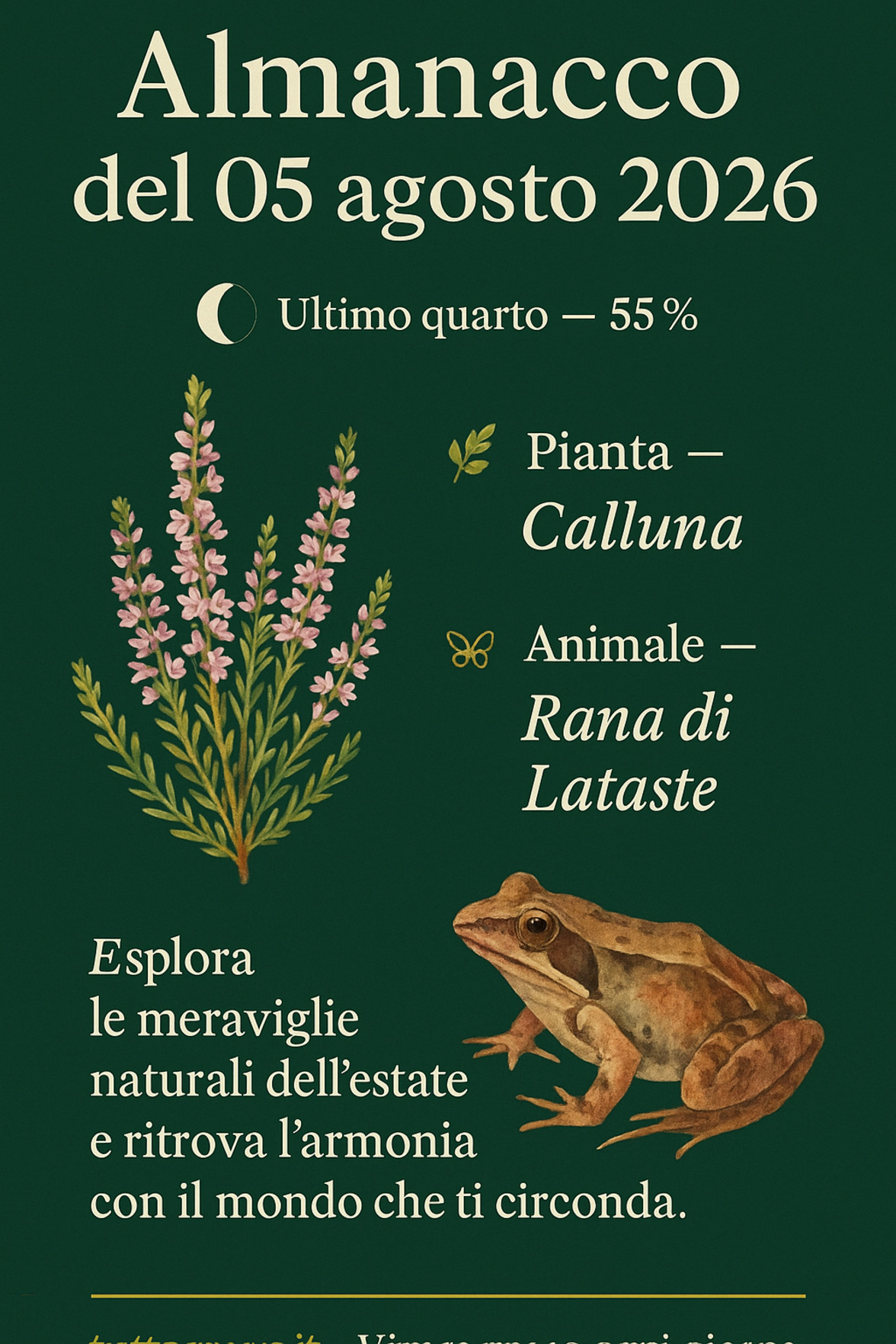 Infografica Almanacco del 05 agosto 2026 — Calluna e Rana di Lataste