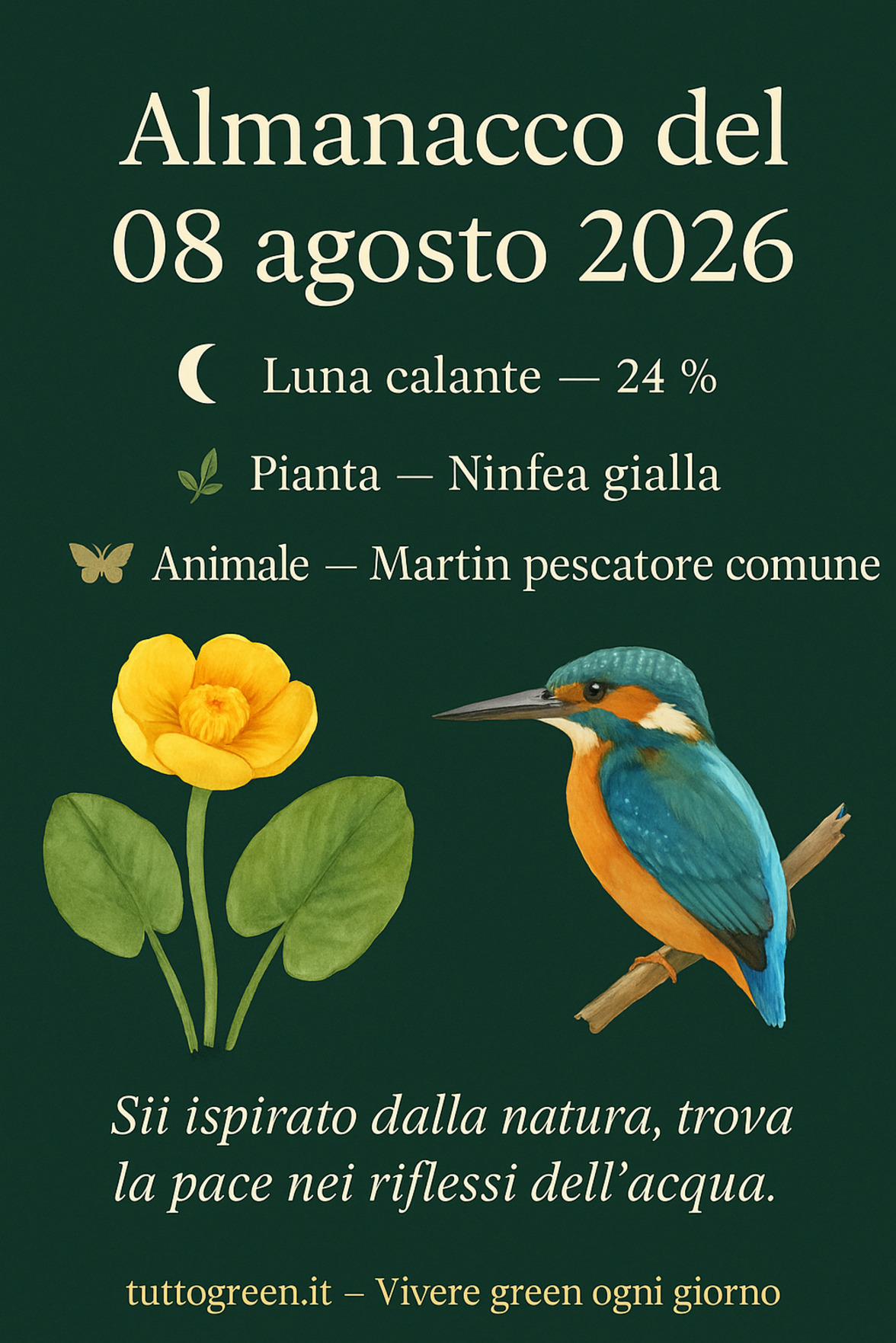 Infografica Almanacco del 08 agosto 2026 — Ninfea gialla e Martin pescatore comune