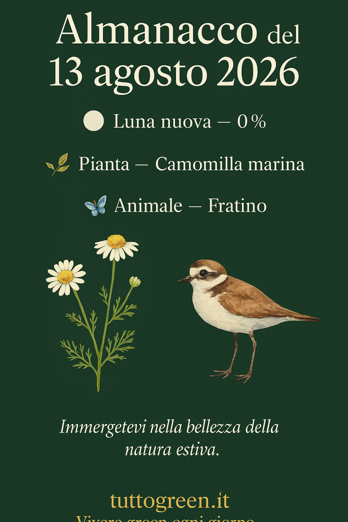 Infografica Almanacco del 13 agosto 2026 — Camomilla marina e Fratino