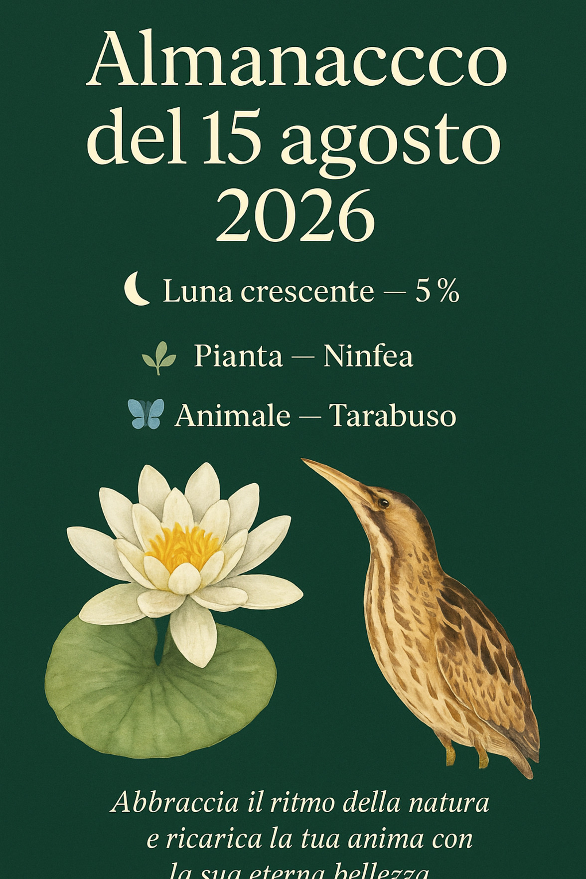 Infografica Almanacco del 15 agosto 2026 — Ninfea e Tarabuso