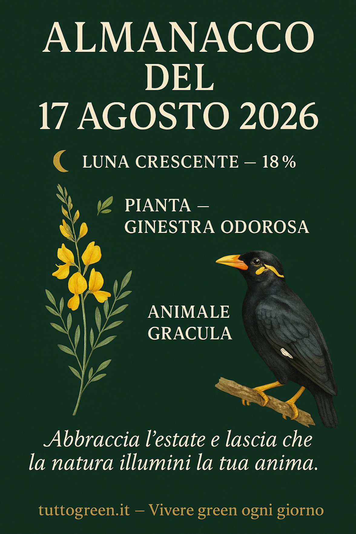 Infografica Almanacco del 17 agosto 2026 — Ginestra odorosa e Gracula