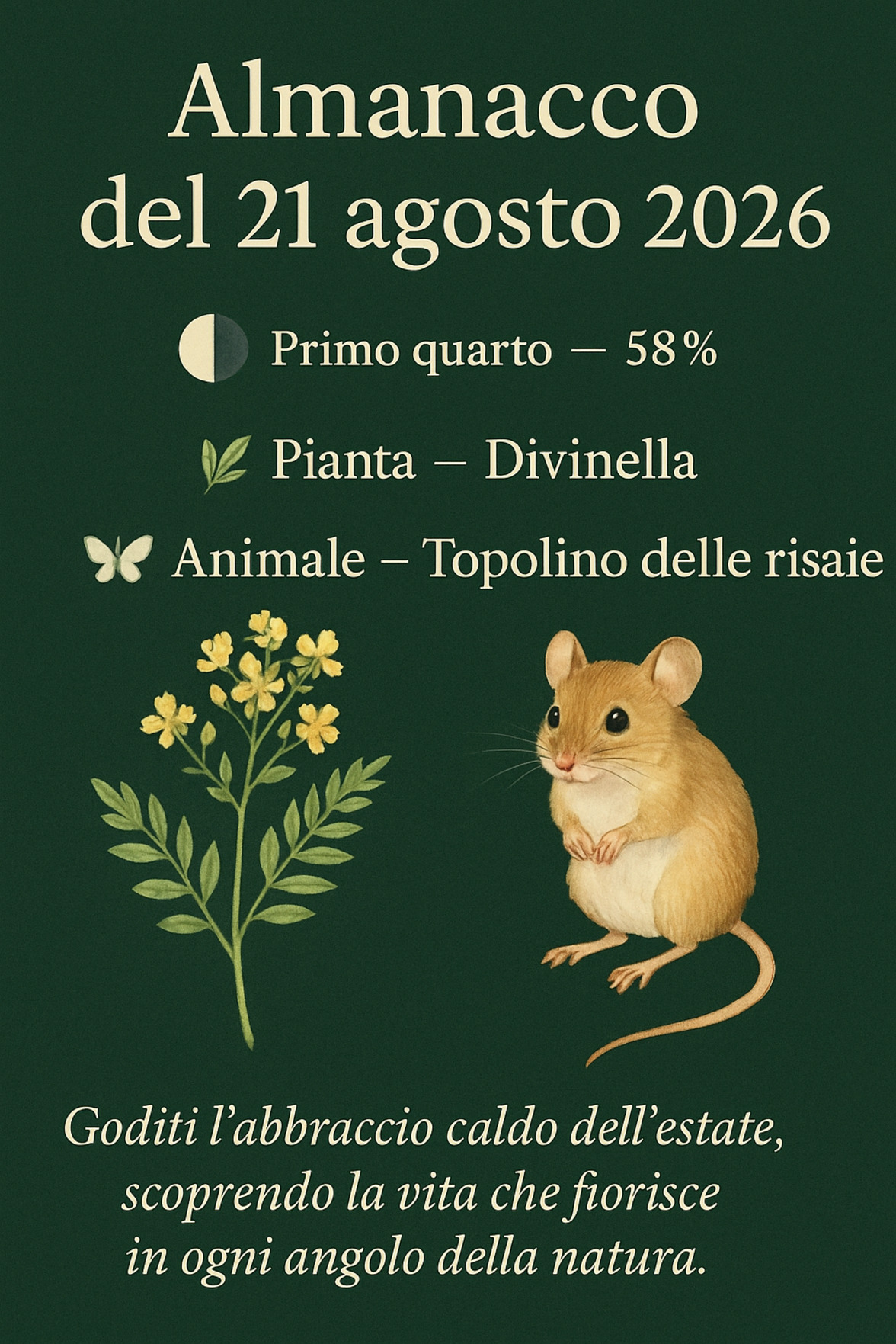 Infografica Almanacco del 21 agosto 2026 — Divinella e Topolino delle risaie