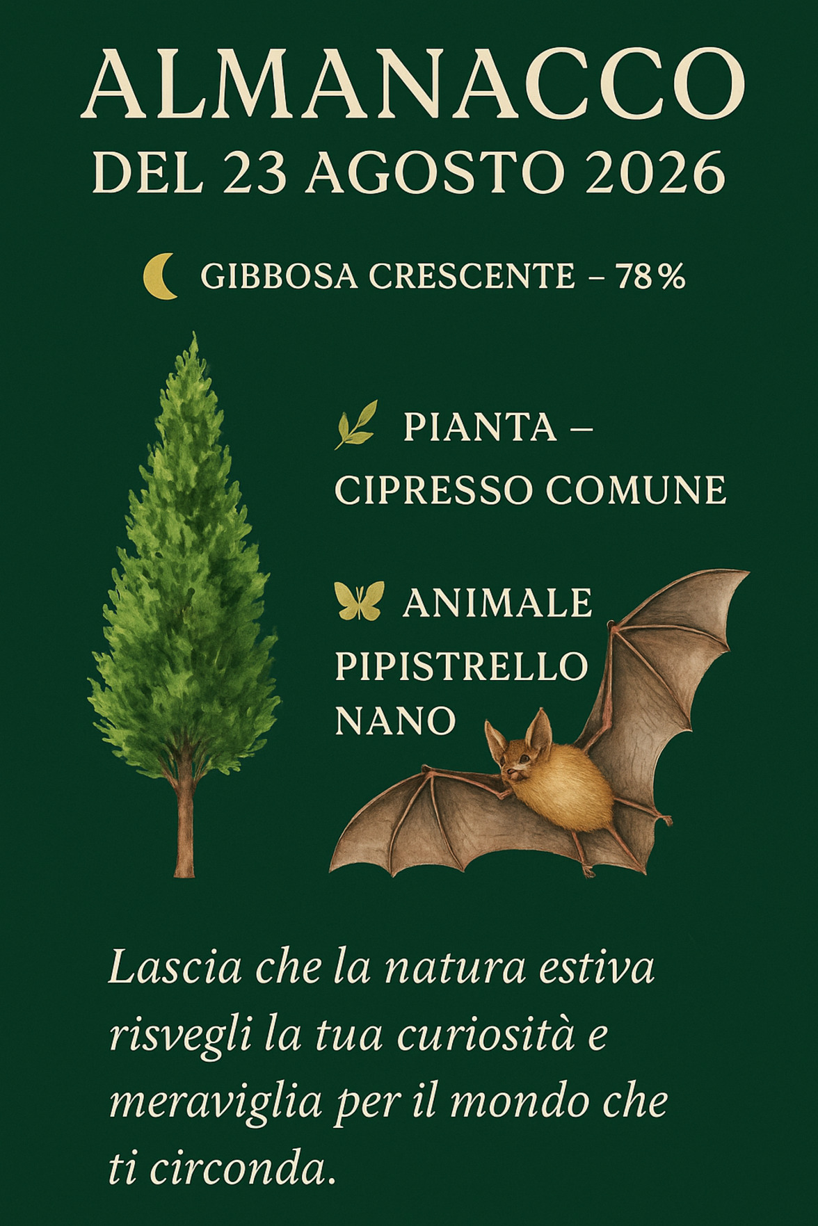 Infografica Almanacco del 23 agosto 2026 — Cipresso comune e Pipistrello nano