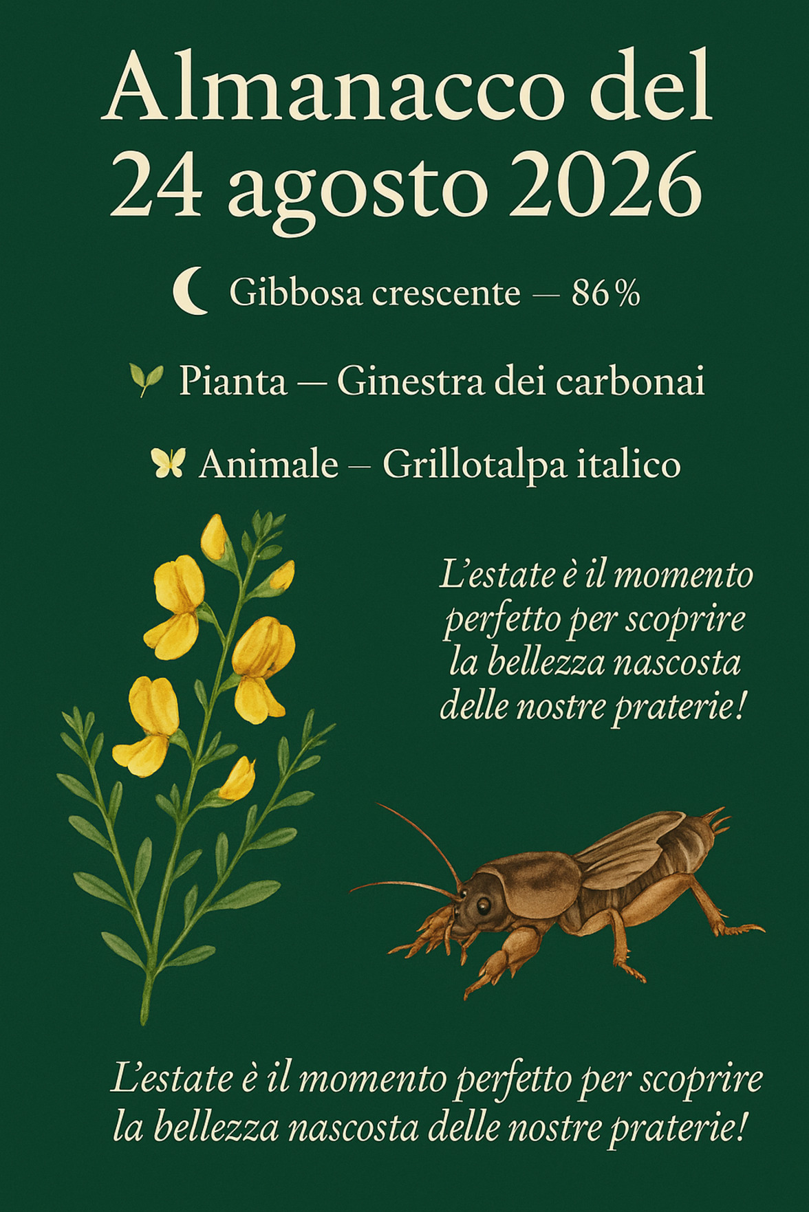 Infografica Almanacco del 24 agosto 2026 — Ginestra dei carbonai e Grillotalpa italico