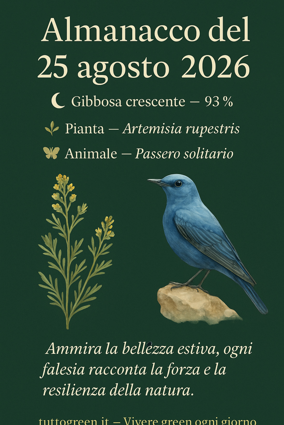 Infografica Almanacco del 25 agosto 2026 — Artemisia rupestris e Passero solitario