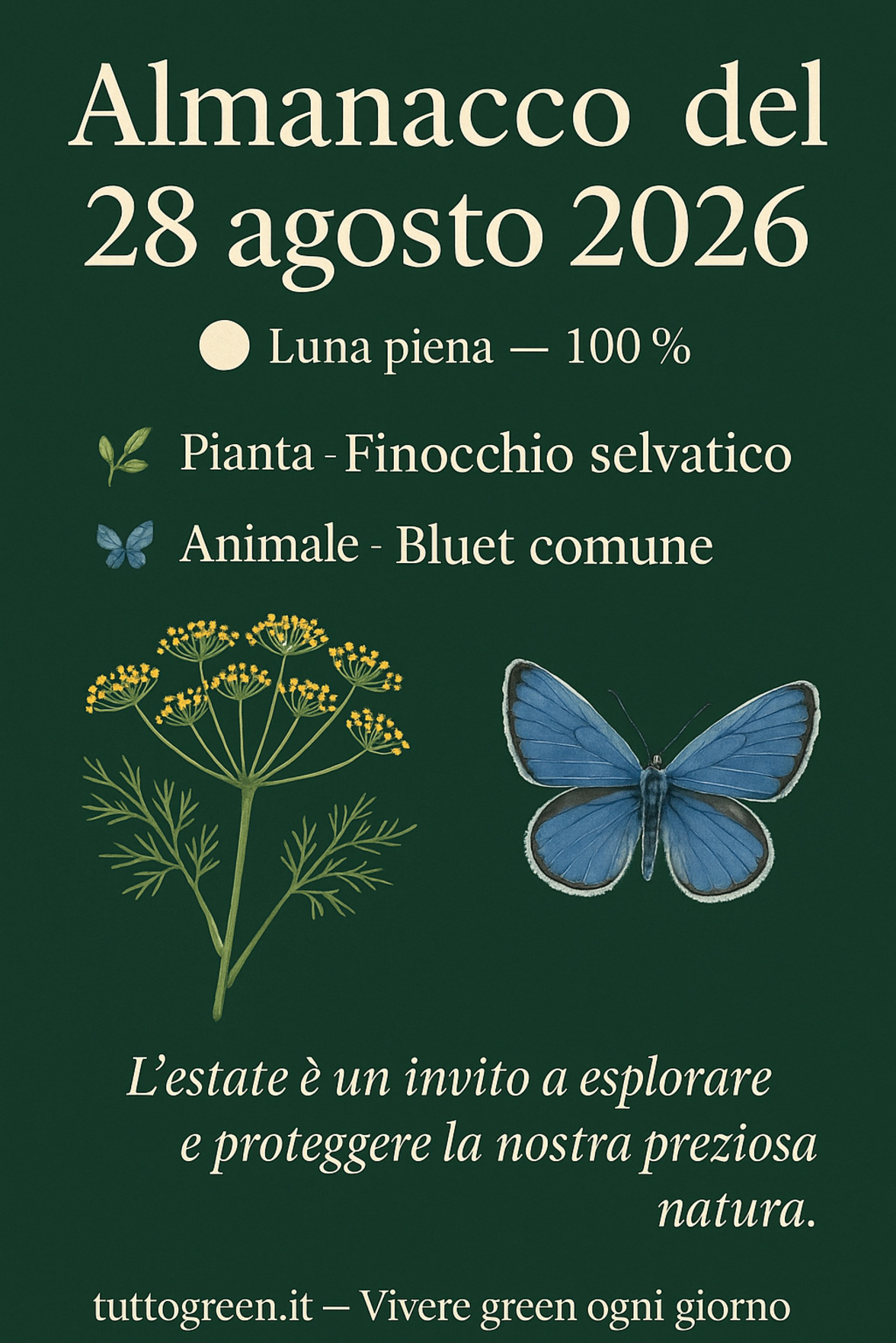 Infografica Almanacco del 28 agosto 2026 — Finocchio selvatico e Bluet comune