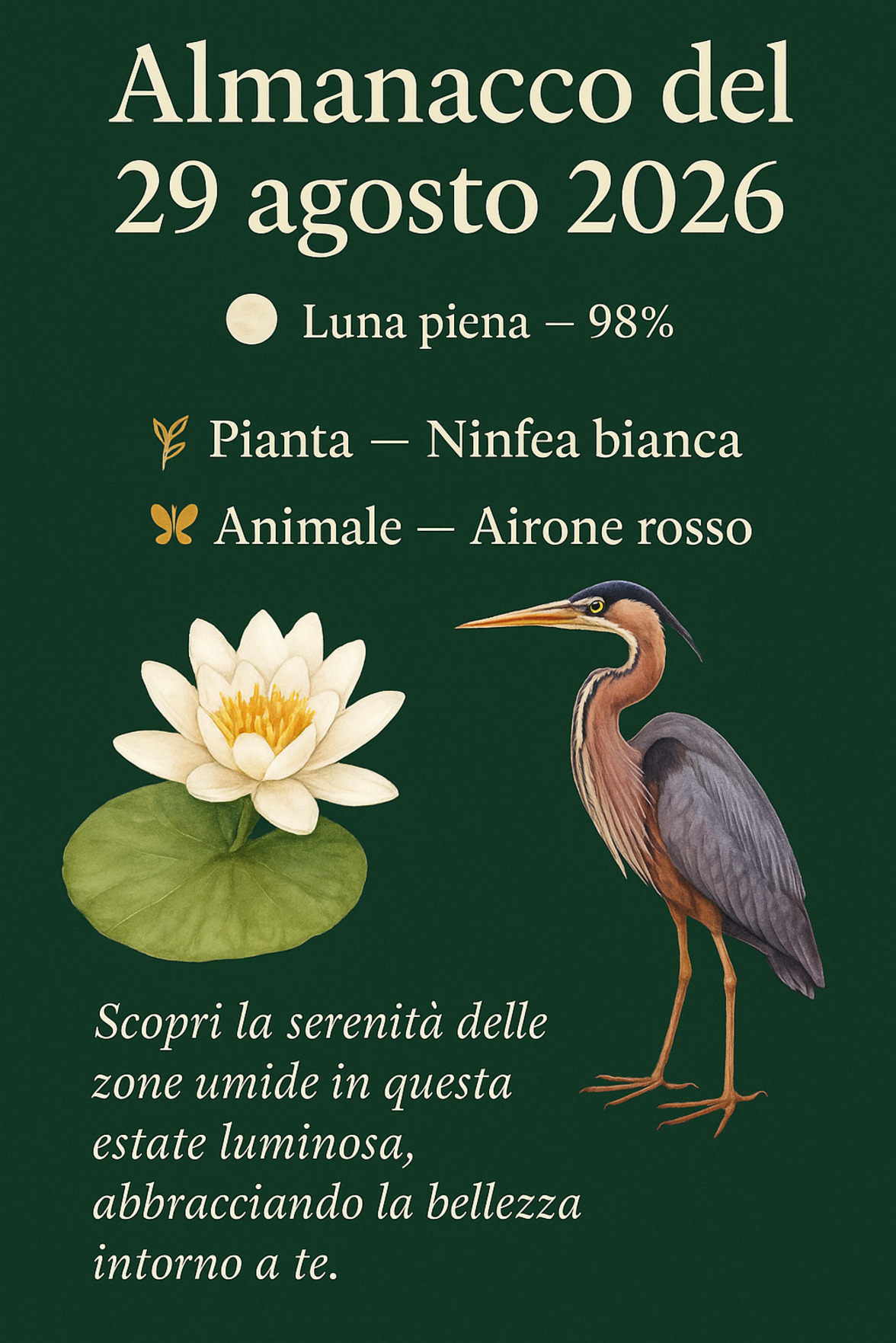 Infografica Almanacco del 29 agosto 2026 — Ninfea bianca e Airone rosso