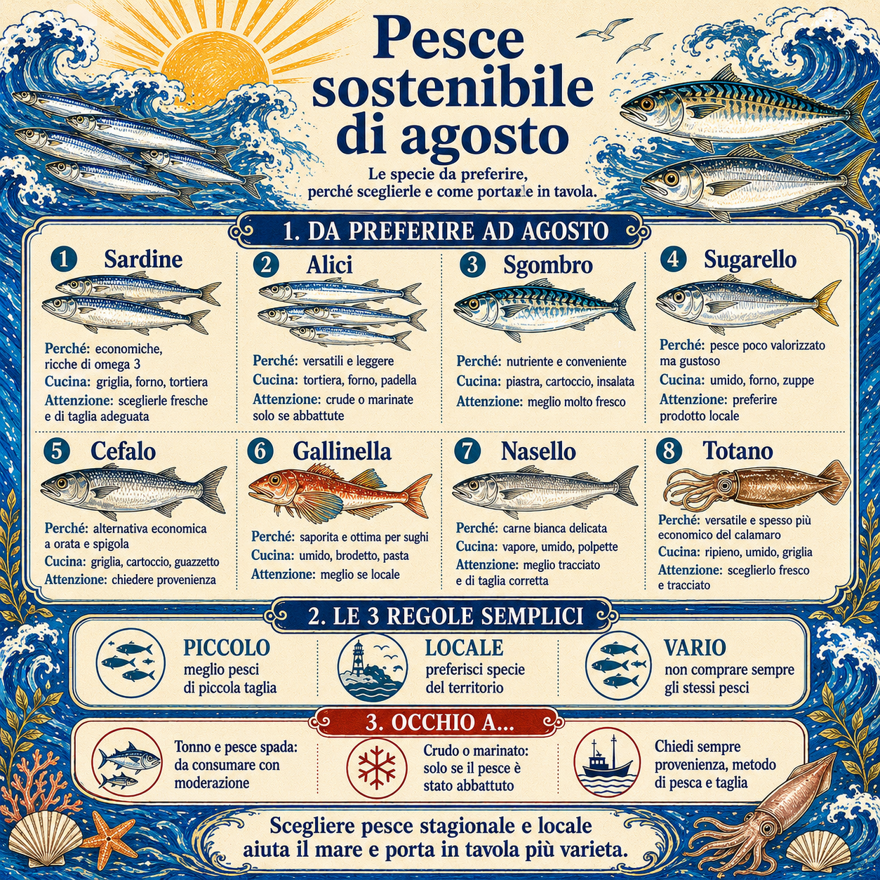 Infografica illustrata sul pesce sostenibile di agosto con sardine, alici, sgombro, sugarello, cefalo, gallinella, nasello e totano, con consigli per sceglierli e cucinarli