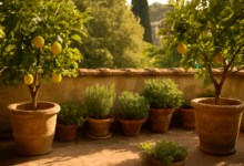 Limoni in vaso sul terrazzo italiano durante l'estate