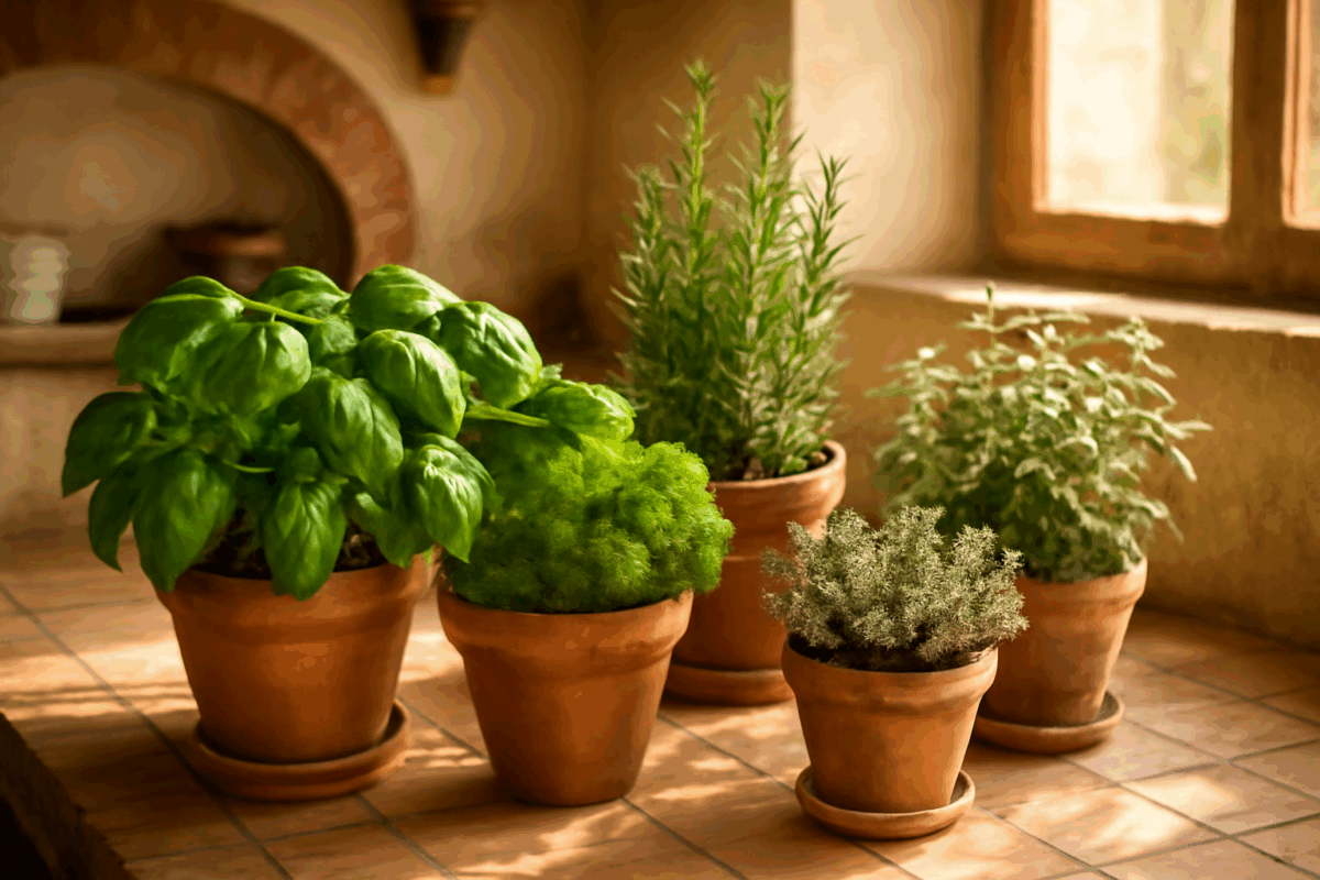 Piante aromatiche per cucina italiana: basilico, prezzemolo, rosmarino, origano, timo