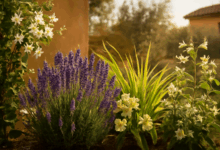 Piante profumate per balcone serale con gelsomino e lavanda in primo piano.