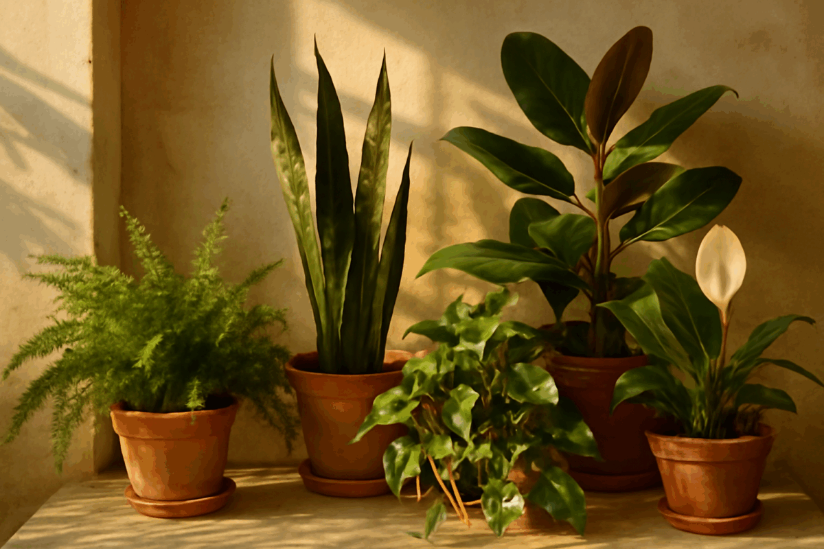 Piante d'appartamento in soggiorno con luce naturale