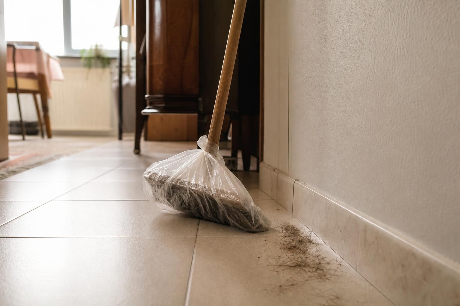 Il sacchetto sulla scopa che raccoglie polvere e peli in un attimo