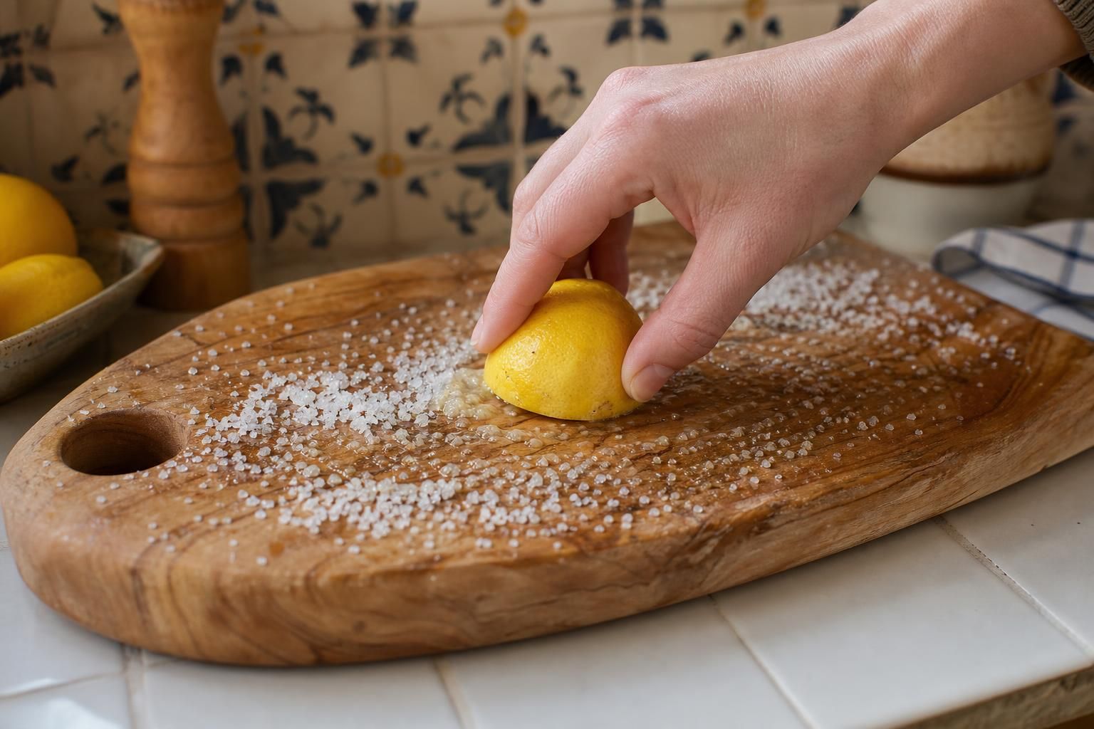 Tagliere di legno con odori e aloni? Il limone ti aiuta a pulirlo bene - dettaglio